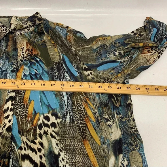 Avenue Blouse‎ Woman 18/20 Button Up Colorful Tropical Feathers Tunic Roll Tab - Picture 14 of 15